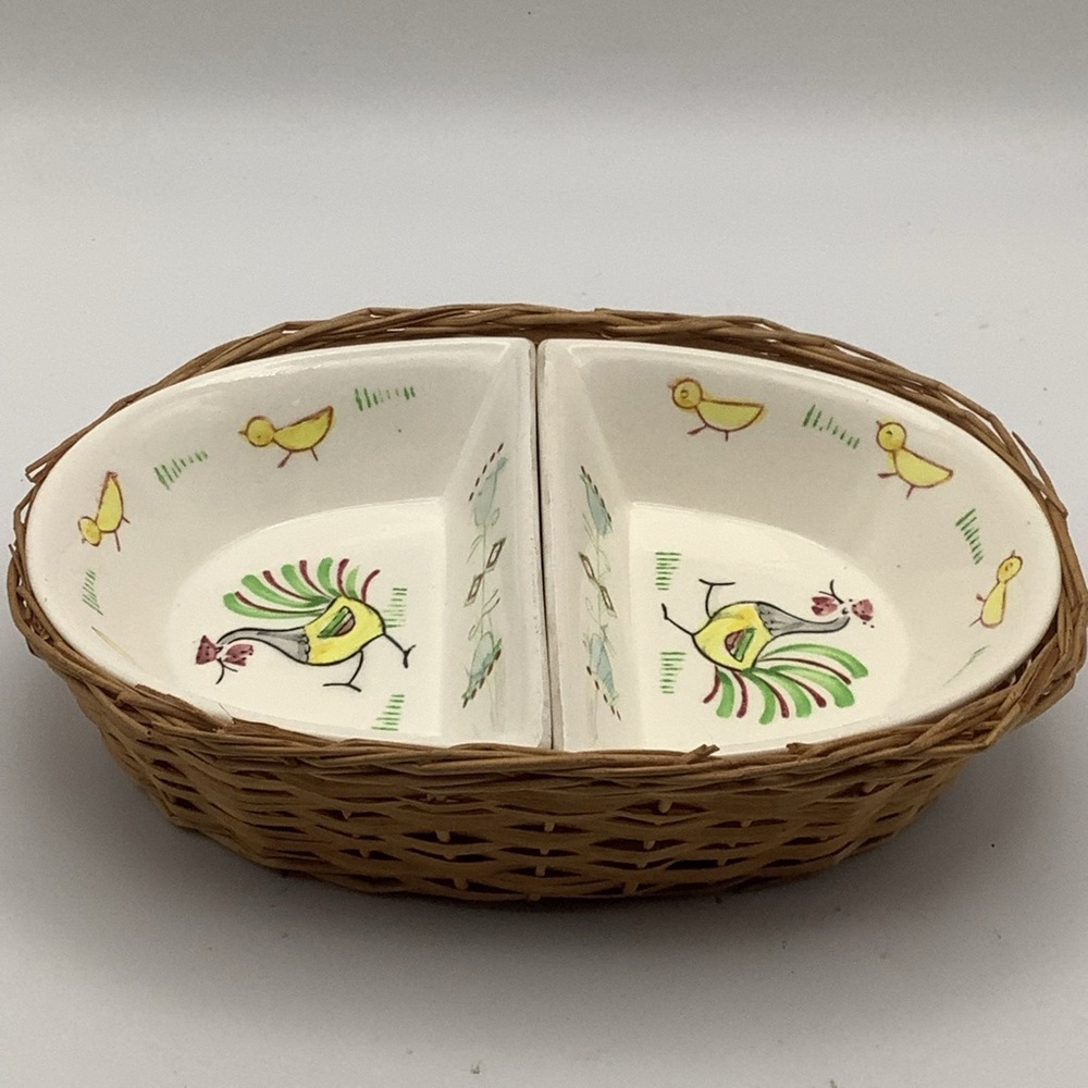 Vintage Japan Rooster and Chick Split Dish in a Basket
